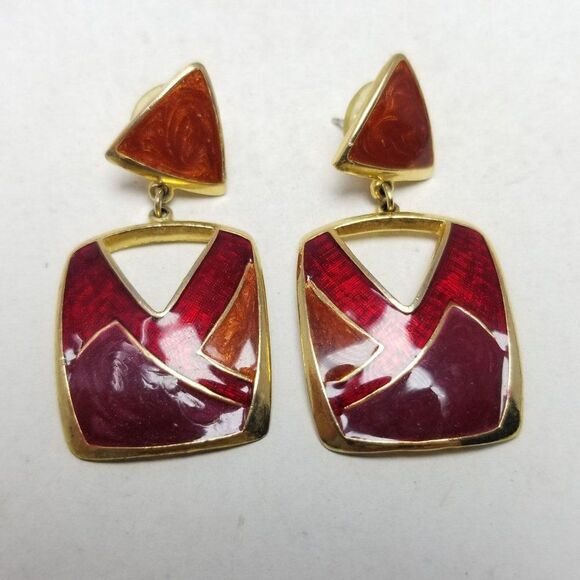 Vintage Red Enamel Retro Geometric Pattern Dangle Earrings, 80s 90s Style Estate - Picture 2 of 6